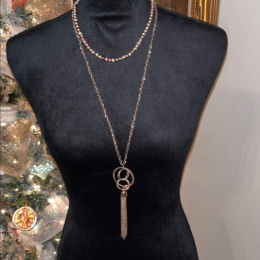 🎁 Layered Necklace Bundle – Metallic Beaded Choker + Long Silver Tassel Pendant